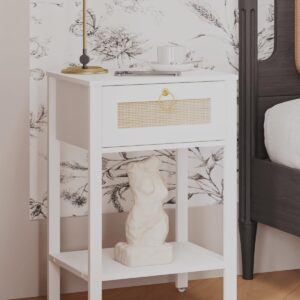 JOONEE Rattan Nightstand，Modern Farmhouse Bedside Table with Storage Drawer and Shelf (White)