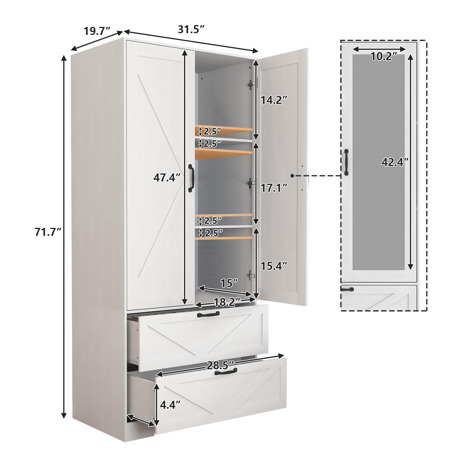 UZUGUL Armoire Wardrobe Closet with Mirror Door and 2 Drawer,Farmhouse Bedroom Armoire Cabinet with Hanging Rod and Light,Wooden Wardrobe Cabinet Closet with Adjustable Shelf for Bedroom