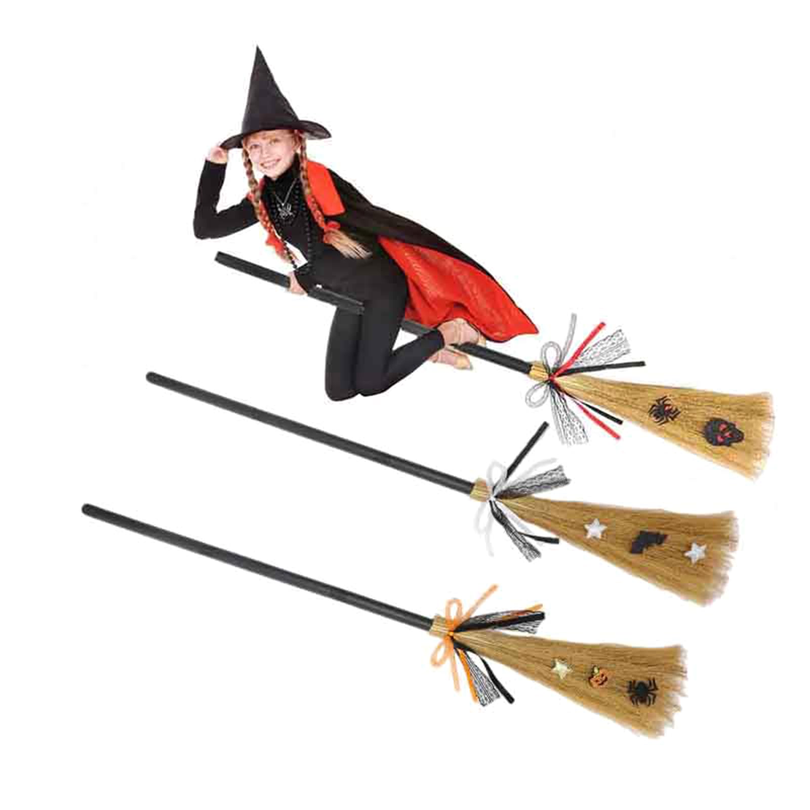 Halloween Witch Broom for Kids Adult Straw Witch Broomstick Halloween Costume Props Realistic Wizard Flying Broom Sticks (Bat, 45 inch)