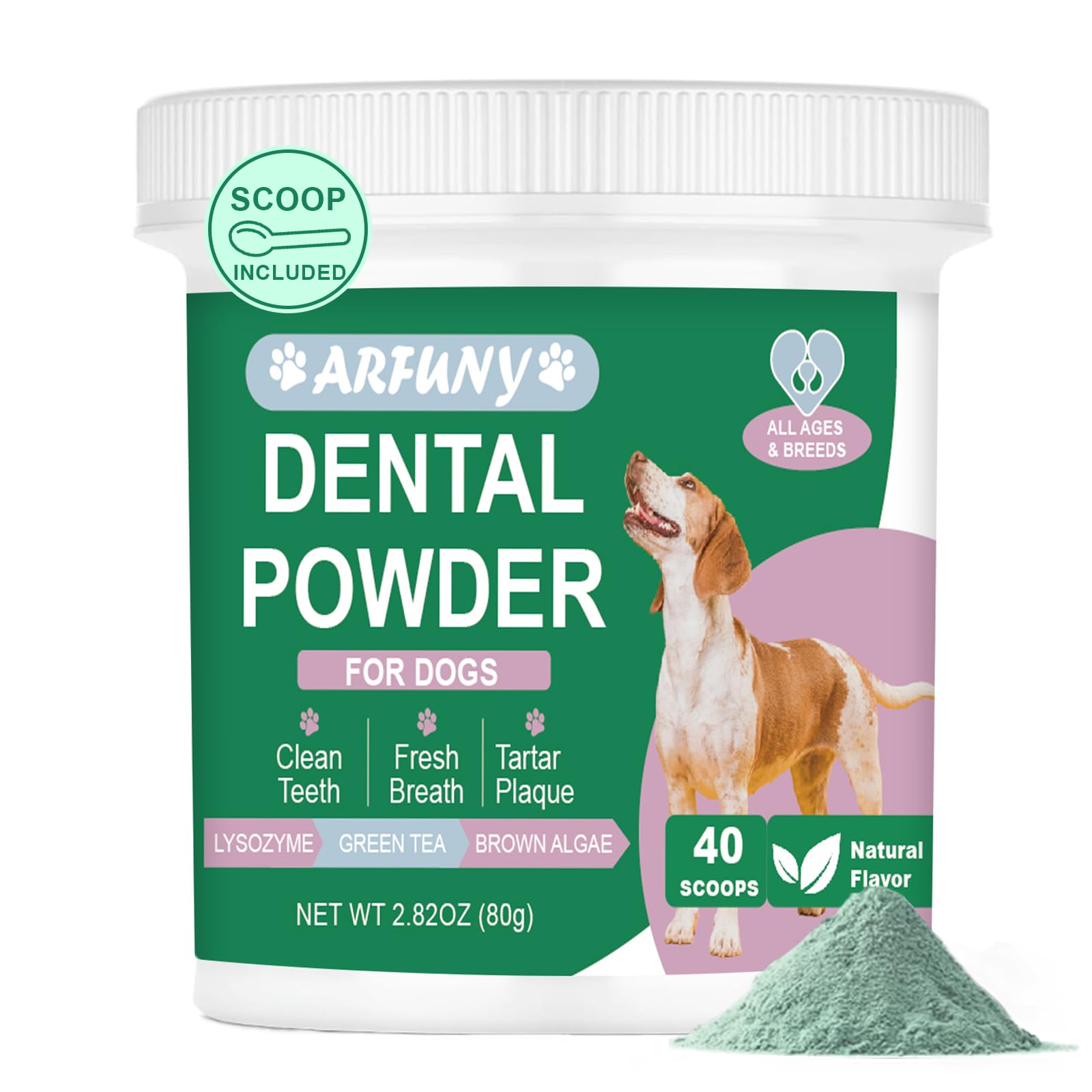 SANTKOL Dog Dental Powder - Dog Teeth Cleaning Powder with Green Tea, Lysozyme, Brown Algae - Dog Dental Care Targets Tartar, Plaque & Bad Breath - Dog Breath Freshener - for All Dogs, 80g