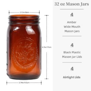 Yodecy 4 Pack 32 oz Amber Wide Mouth Mason Jars with Airtight Lids and Black Plastic Mason Jar Lids, Amber Canning Jars with Lids