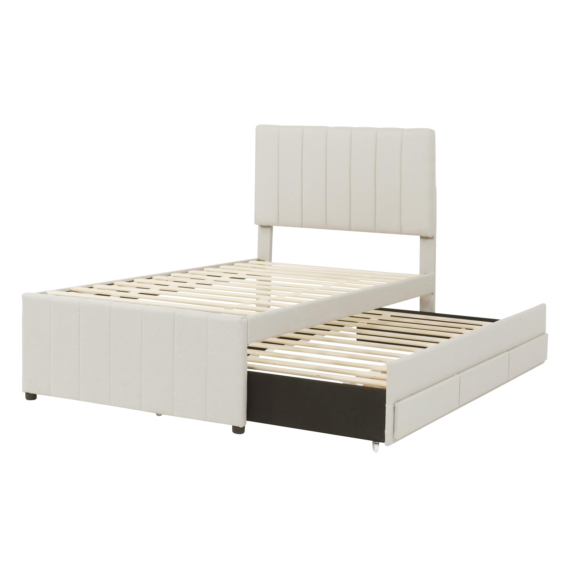 Twin Bed Frame with Trundle Bed and Storage Drawers,Linen Upholstered Bed Frame,Twin Size Trundle Bed with Adjustable Headboard,Upholstered Platform Bed Twin for Kids Teens Adults,Beige