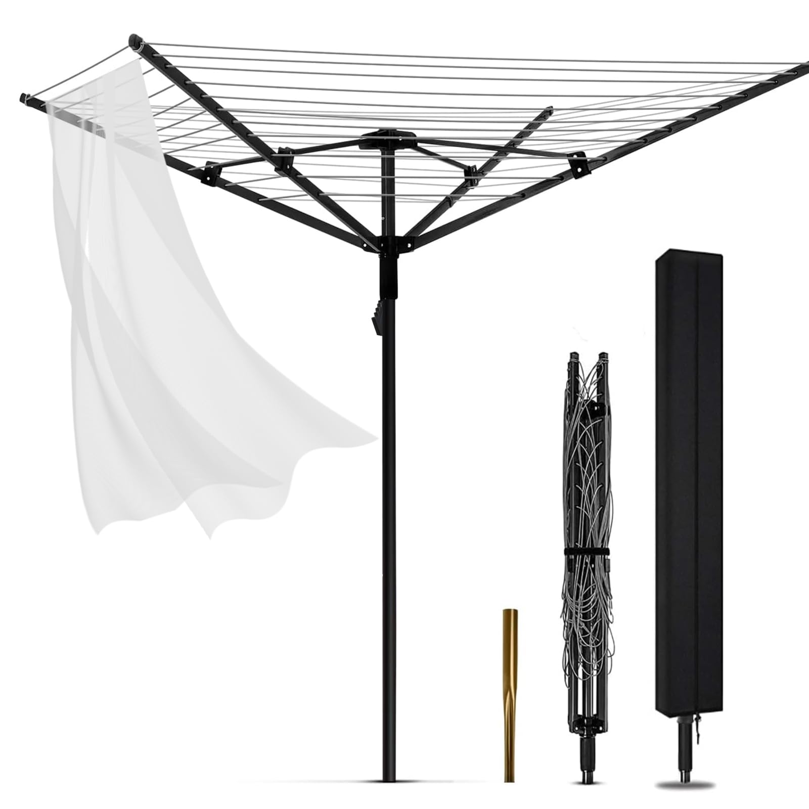 MEILANHUI Umbrella Clothesline Outdoor, Rotary Retractable Clothes Line Outdoors Adjustable Height Drying Rack Clothing 4 Arms 12 Lines with 165 Feet Heavy Duty Outdoor Clothesline for Backyard