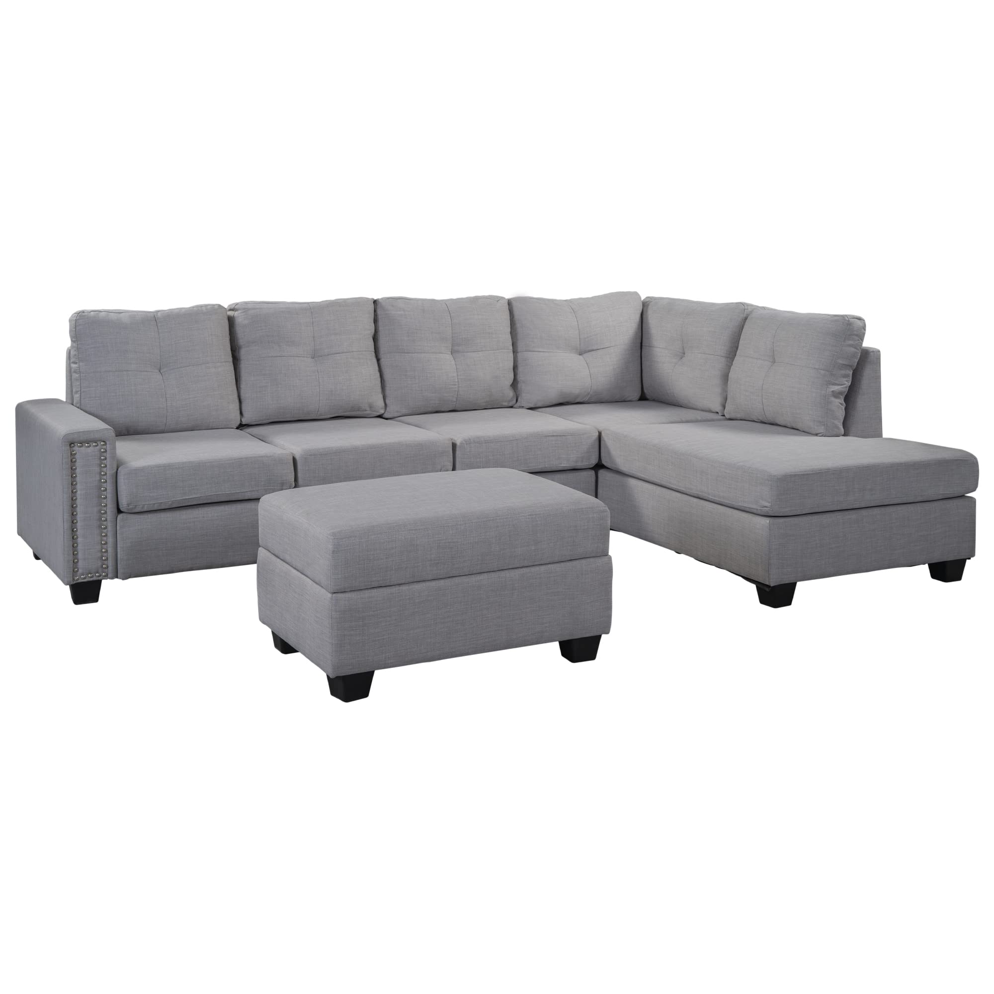 Favfurish 108 * 72.4" Reversible Sectional Sofa,with Storage Bench,L-Shaped Convertible Modular Couch,Rivet Ornament Backrest for Large Space,Dormitories,Living Rooms,Apartments,Light Gery