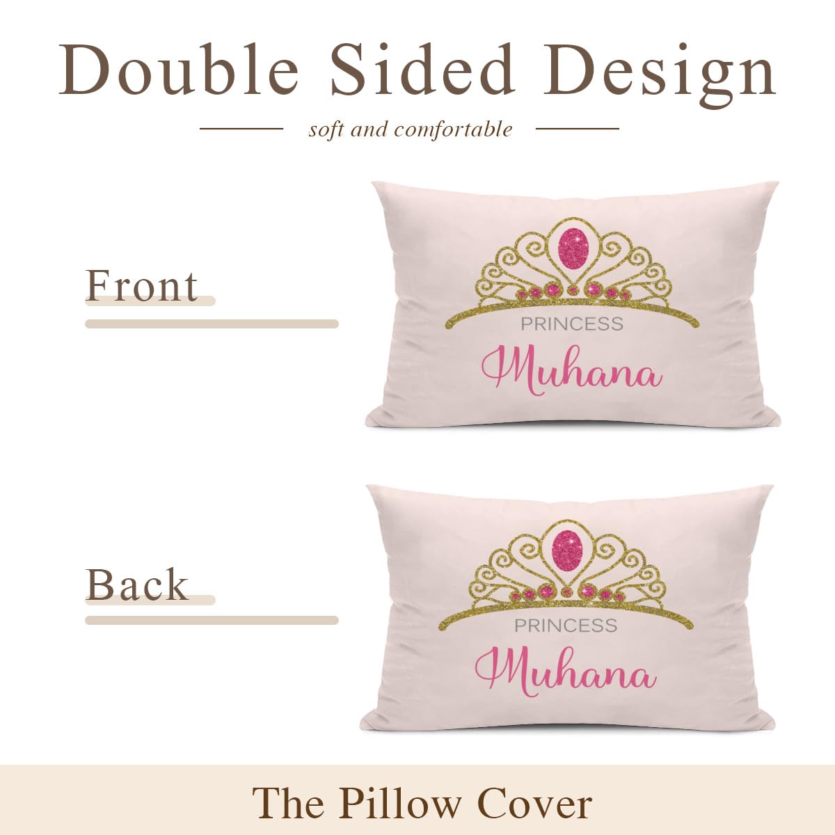 Personalized Princess Crown Pillowcase with Names Custom Text Printed Fun Bedroom Decor Pillow Cover for Children Girls Boys Men Women