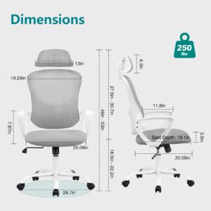 SMUG Home Office Desk Chair, Ergonomic Computer High-Back Mesh Rolling Work Task Chairs with Wheels and Adjustable Headrests, Comfy Lumbar Support, Armrest for Bedroom, Gaming, Grey