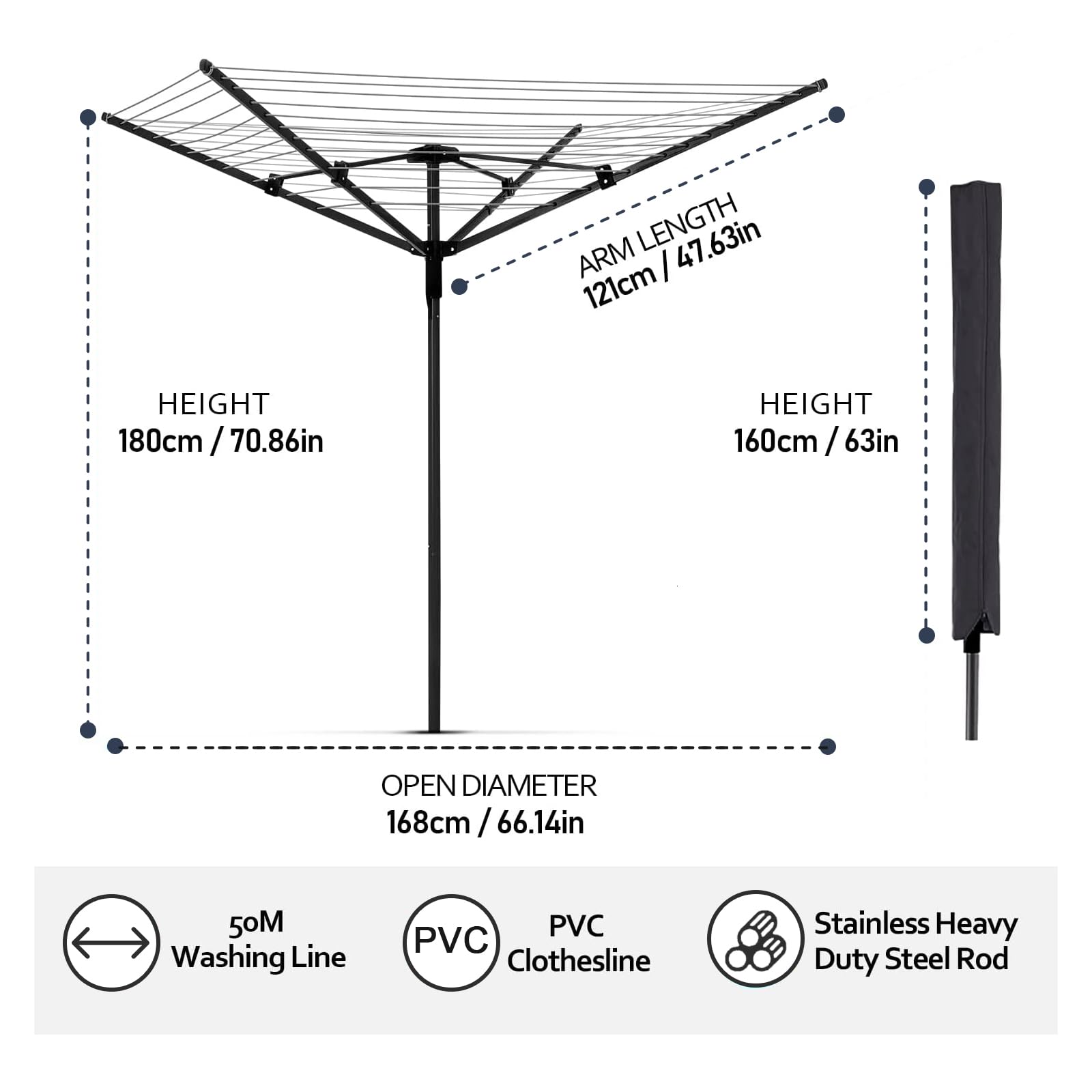 MEILANHUI Umbrella Clothesline Outdoor, Rotary Retractable Clothes Line Outdoors Adjustable Height Drying Rack Clothing 4 Arms 12 Lines with 165 Feet Heavy Duty Outdoor Clothesline for Backyard