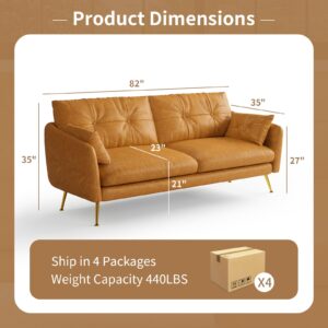 82" Faux Leather Couch, Mid Century Upholstered 3 Seater Sofa Comfy Couch for Living Room Bedroom, Luxury Tan Brown Leather Couch with Solid Wood Frame and Metal Legs | Filled with Down and Cotton