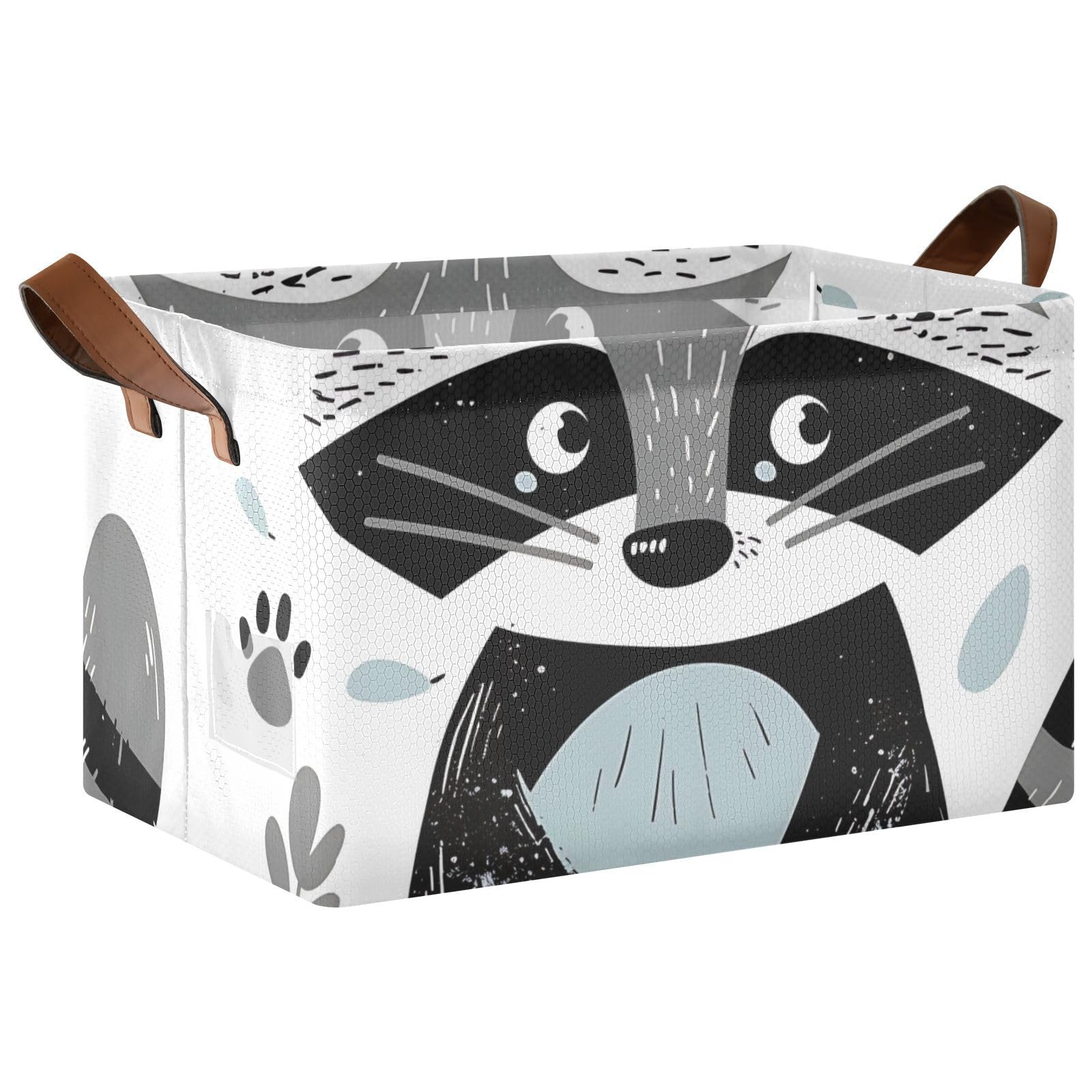 PDZRMY Open Storage Bin Cut Raccoon Large Foldable Storage Box Storage Basket Organizer Bins with Leather Handles for Shelf Closet Bedroom Living Room Office Home 1 Pack