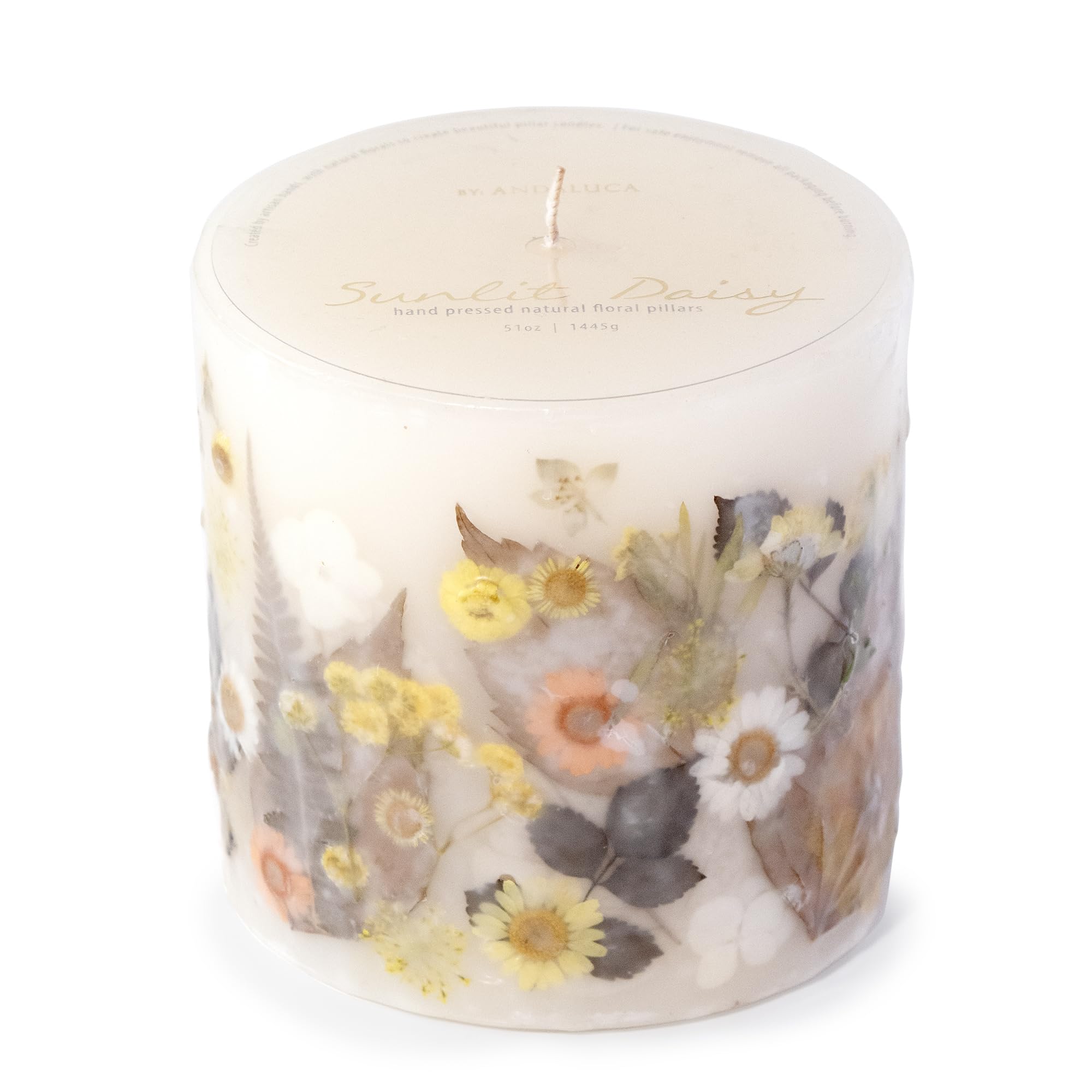 ANDALUCA Pressed Real Flowers Handcrafted Botanical Floral Pillar Candle (Sunlit Daisy)