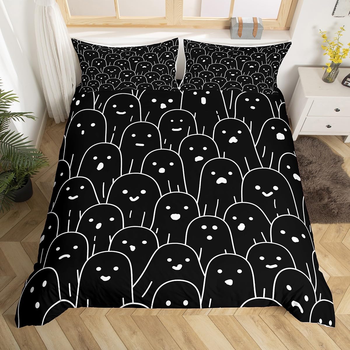 Cute Ghost Bedding Set,Black White Ghost Comforter Cover Set for Teens Women Room Decor,Cartoon Halloween Duvet Cover Breathable Funny Ghost Bedspread Cover Full Size(No Comforter)