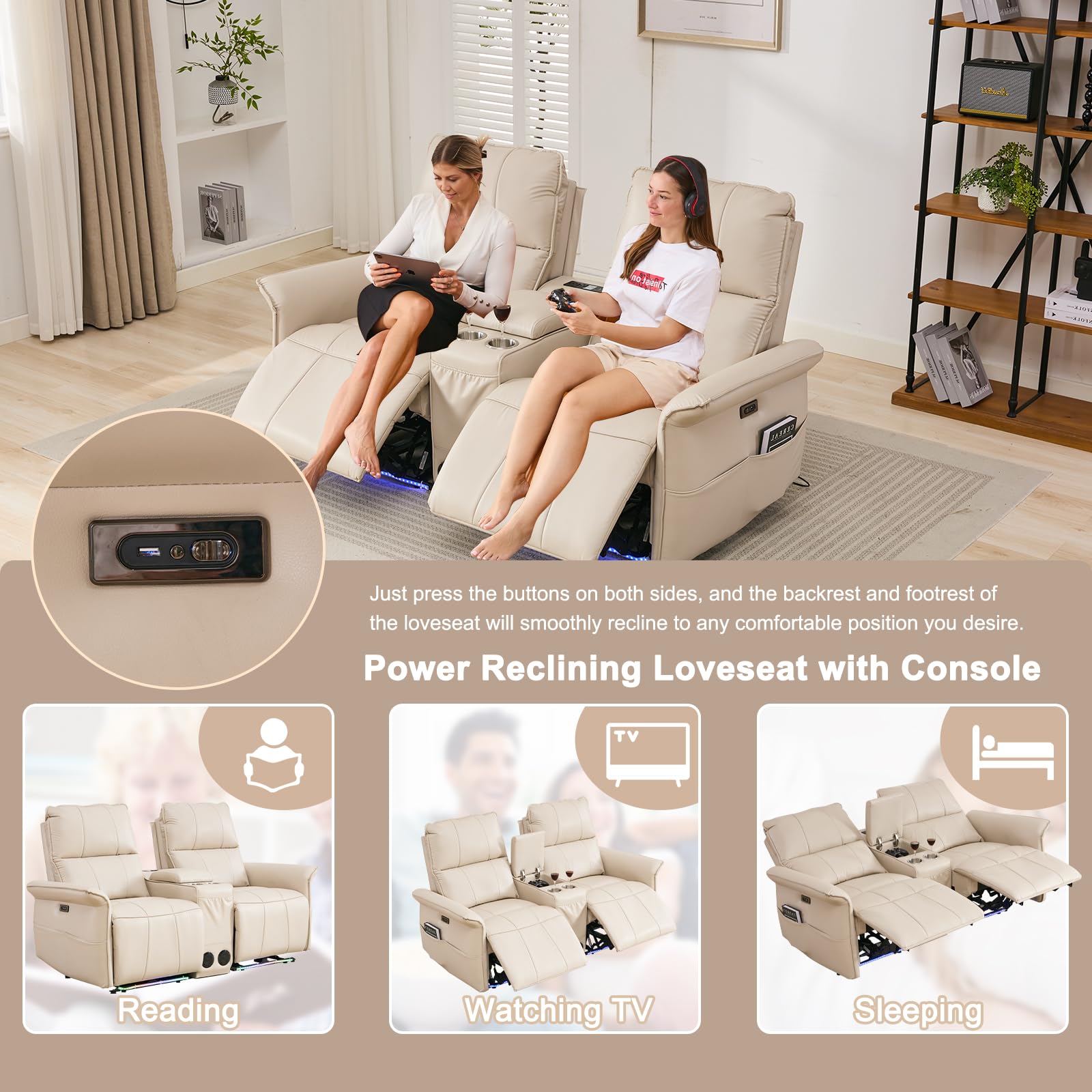 72" RV Loveseat Recliner Wall Hugger, Power Reclining Loveseat with Console, Double Recliner Loveseat Wall Hugger Loveseat Recliner with Power Strip/USB/Type C/Cup Holders/LED Light/Bluetooth Speaker