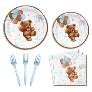 teddy bear baby shower decorations plates set for 25,boho paper plates napkins forks for boy brown blue tableware birthday party supplies