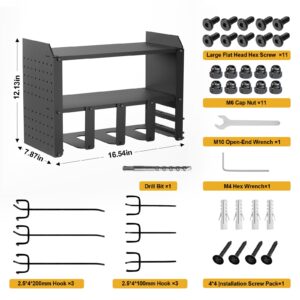 Exqutoo Power Tool Organizer, Wall Mount 3-Layer Metal Tool Shelf with 6 Hooks, Drill Holder Tool Organizers Storage Rack, Screwdriver Holder, Black