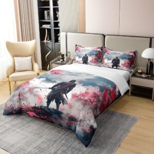 Erosebridal 100% Cotton Japanese-Style Duvet Cover Japanese Samurai Comforter Cover Twin Size Pink Cherry Blossom Bedding Set Mount Fuji Pattern Bed Set Ink Painting Duvet Insert with 1 Pillowcase