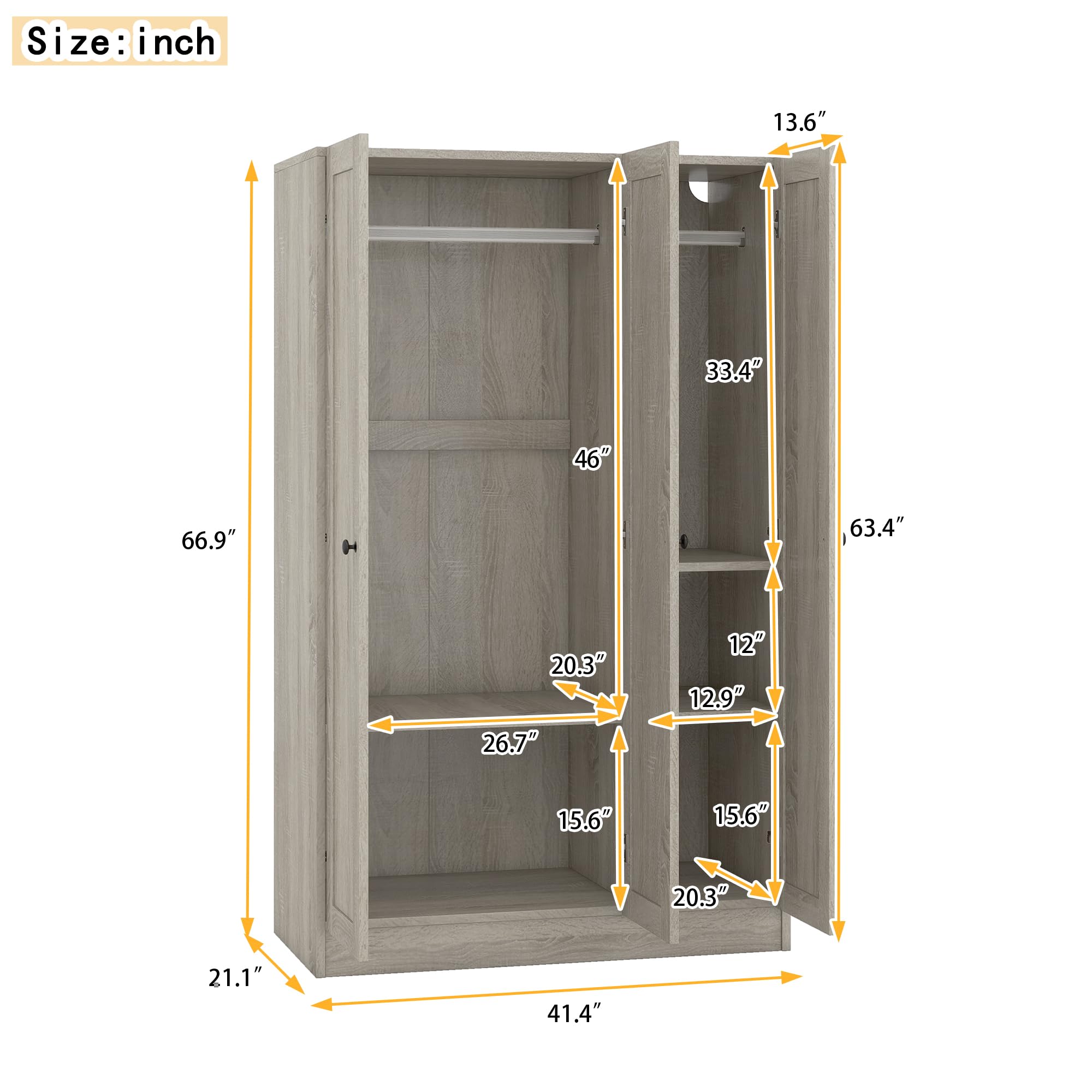 Bellemave 3 Doors Wardrobe Armoire, Armoire Wardrobe Closet with Hanging Rod, Wood Clothes Storage Cabinet Organizer, 3-Door Wardrobe Closet with Doors, Gray