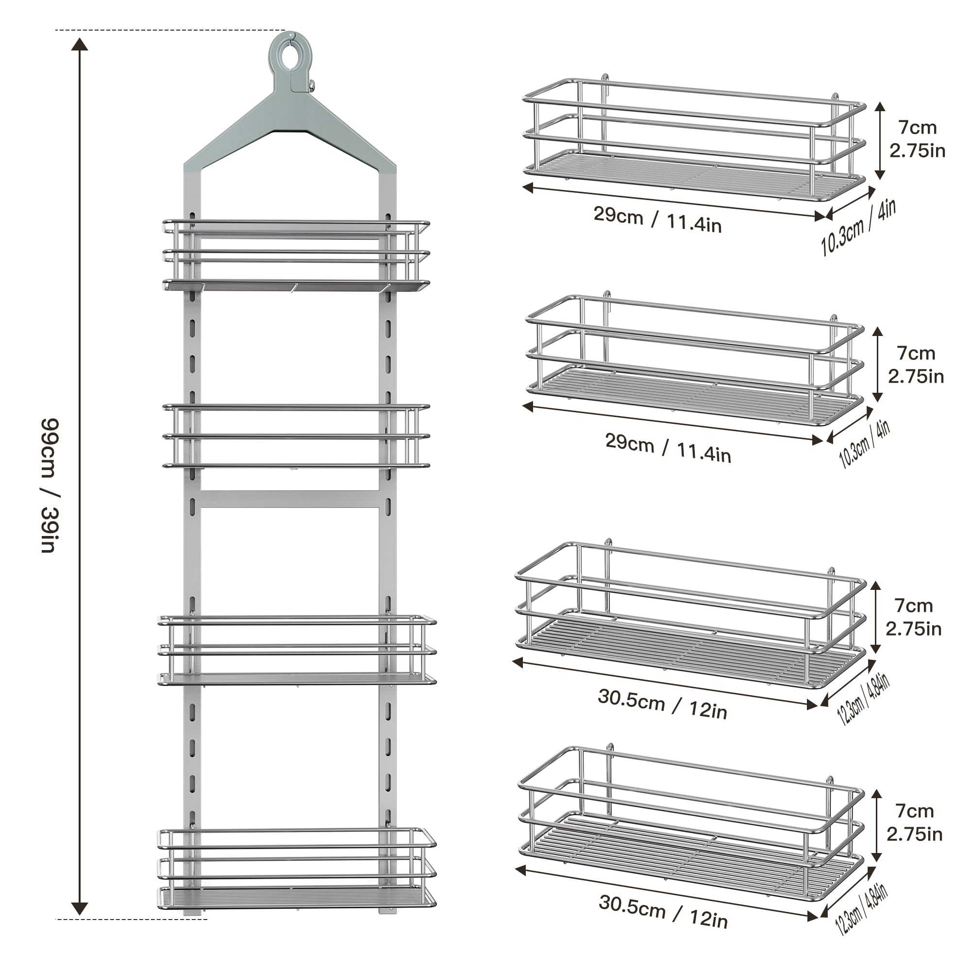 Nieifi Hanging Shower Caddy,4 Tier Adjustable Basket Over Shower Head Shower Organizer Hanging with Hooks Shower Racks for Inside Shower Shelf Anti-Swing Bathroom Organizer Shelves, Silver