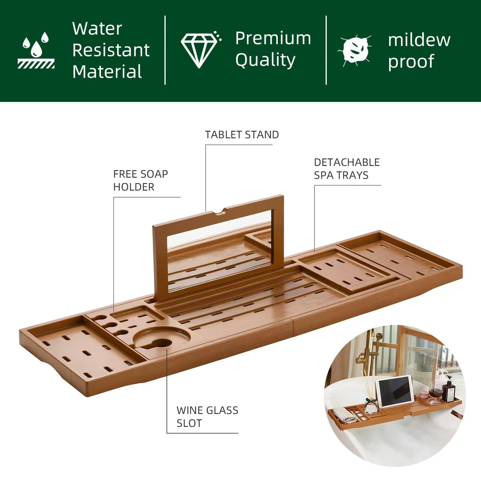 Semperviren Bathtub Tray, Retractable Bathtub Rack for Bathtub, Sturdy and Waterproof Home Spa, Favored Gift by Lady Teak Color