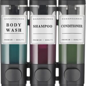 Shower Soap Dispenser Wall Mounted No Drill Shampoo Dispenser for Shower Wall Shampoo and Conditioner Dispenser Bathroom Hotel 3 * 300ml Black with Labels