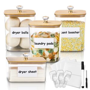 dounozzi 4 pack laundry pods container & laundry powder container for laundry organization, plastic laundry detergent container for organizing, dryer sheet holder with lid and 16 labels