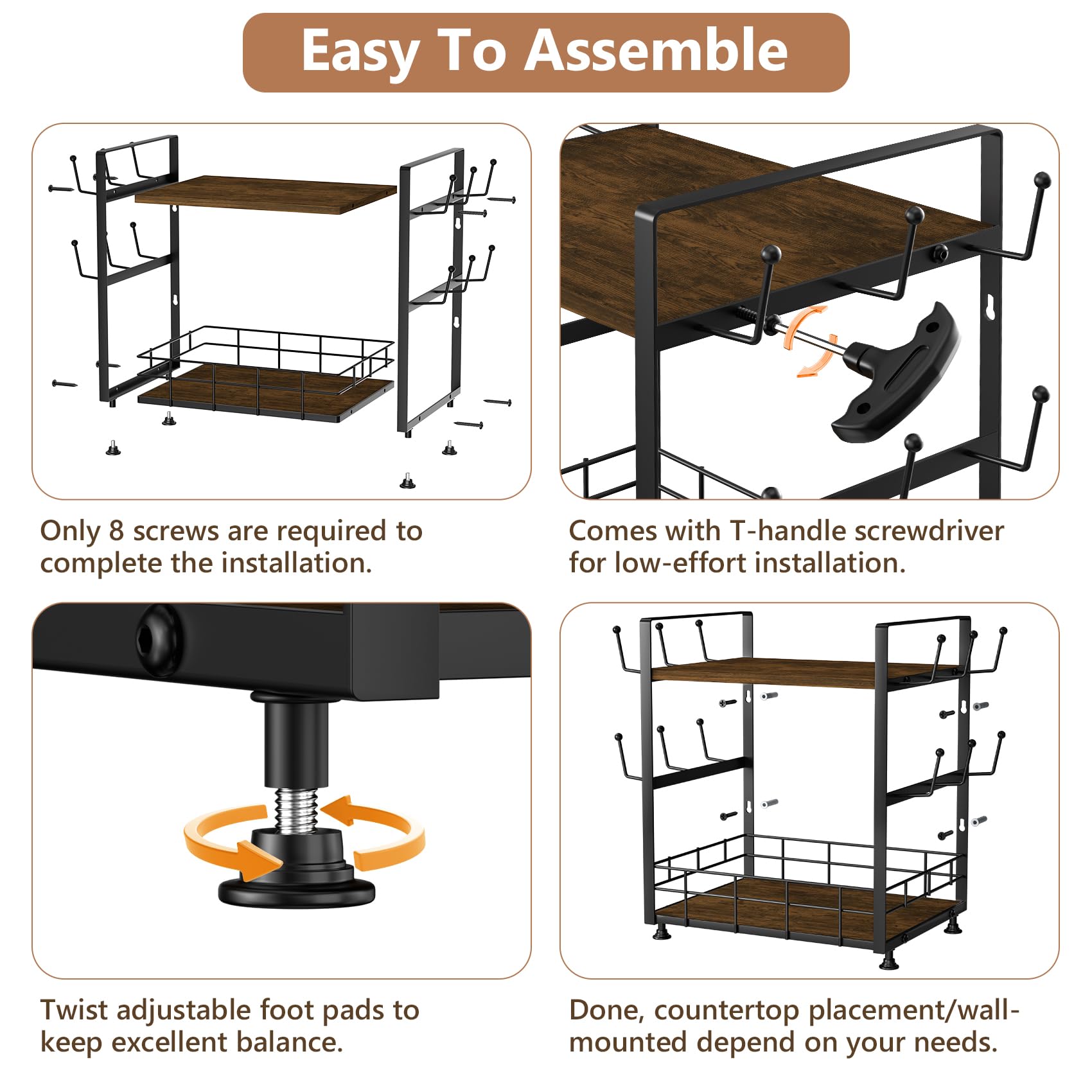 PONEYA 2 Tier Coffee Bar Organizer for Countertop, Coffee Mug Holder with 12 Hooks, Space-Saving Coffee Cup Stand for Storage Cups, Mugs, Syrups, Tea Bag, Kitchen Home Accessories