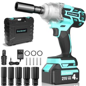 hooseen power cordless impact wrench - 1/2 inch 21v brushless impact gun max torque 445 ft-lbs (600n.m), electric impact wrenches with 4.0ah li-ion battery & fast charger (light blue)