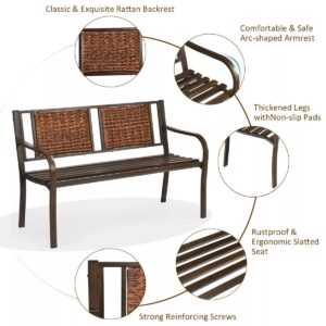 VcJta Patio Garden BENCH Outdoor Furniture Steel Frame Rattan Backrest Park BENCH