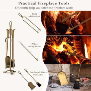 Tangkula 5 Pieces Fireplace Tool Set, Fireplace Accessories with Poker, Tongs, Brush, Shovel and Stand, Indoor Firepit Tool Set with Handles (Antique Copper)