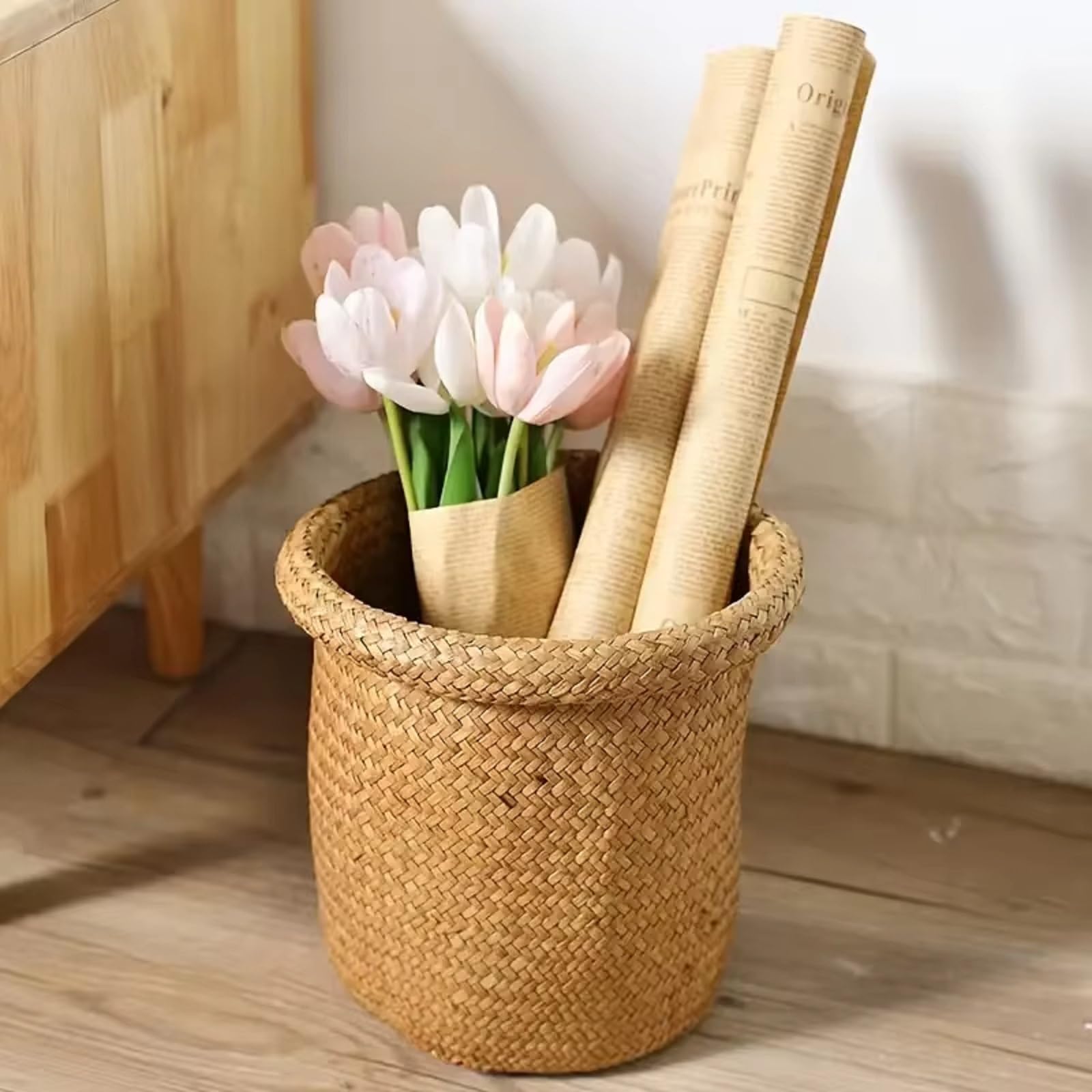 Generic Rattan Trash Basket Can,Woven Waste Storage Basket,Handmade Wicker Waste Basket Storage,Round Rattan Basket,Small Office Rubbish Cans for Bedroom Bathroom Kitchen Office Table