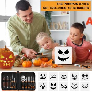 YUYUNLOMN Halloween Pumpkin Carving Tool kit, 13-Piece Professional Stainless Steel Pumpkin Cutting & Carving Set with 10 Templates, Carrying Bag - Perfect for Family Fun Time During Halloween