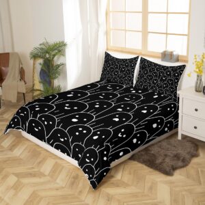 Cute Ghost Bedding Set,Black White Ghost Comforter Cover Set for Teens Women Room Decor,Cartoon Halloween Duvet Cover Breathable Funny Ghost Bedspread Cover Full Size(No Comforter)