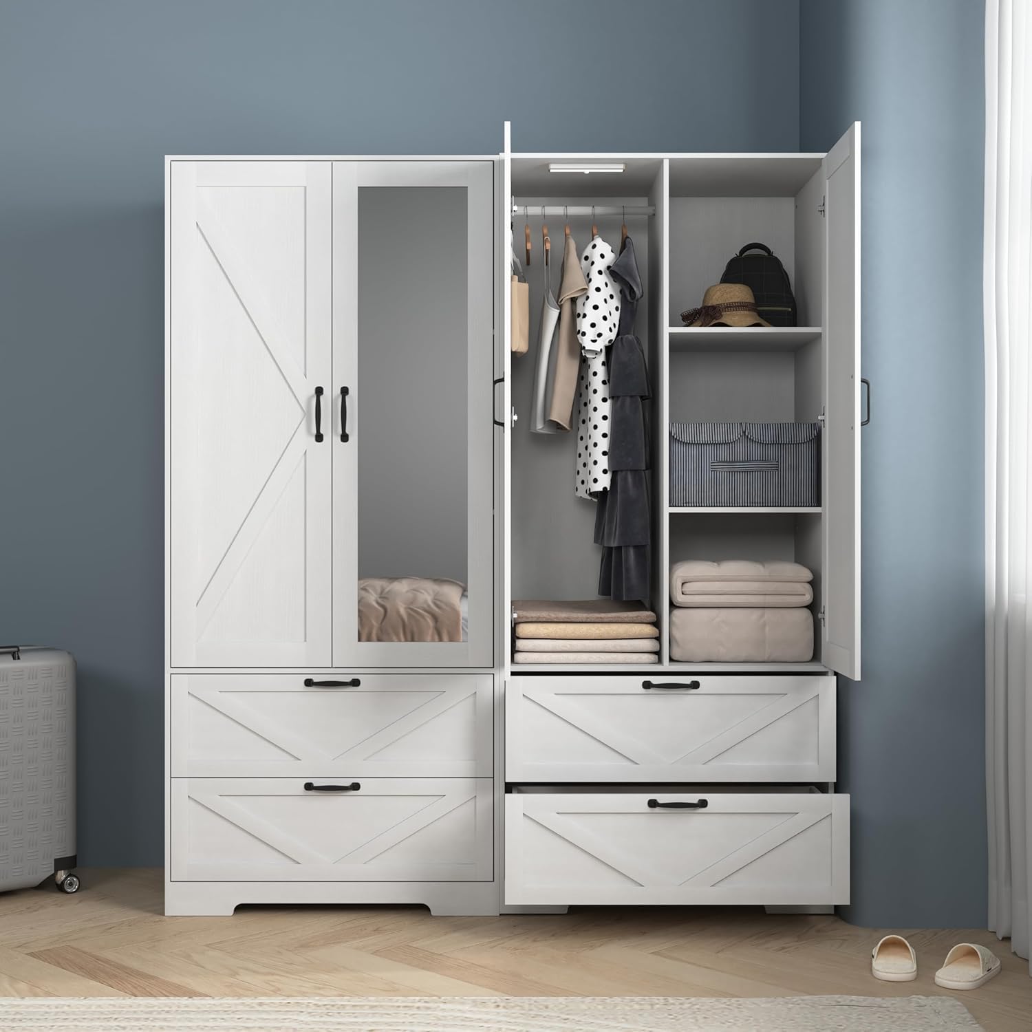 UZUGUL Armoire Wardrobe Closet with Mirror Door and 2 Drawer,Farmhouse Bedroom Armoire Cabinet with Hanging Rod and Light,Wooden Wardrobe Cabinet Closet with Adjustable Shelf for Bedroom