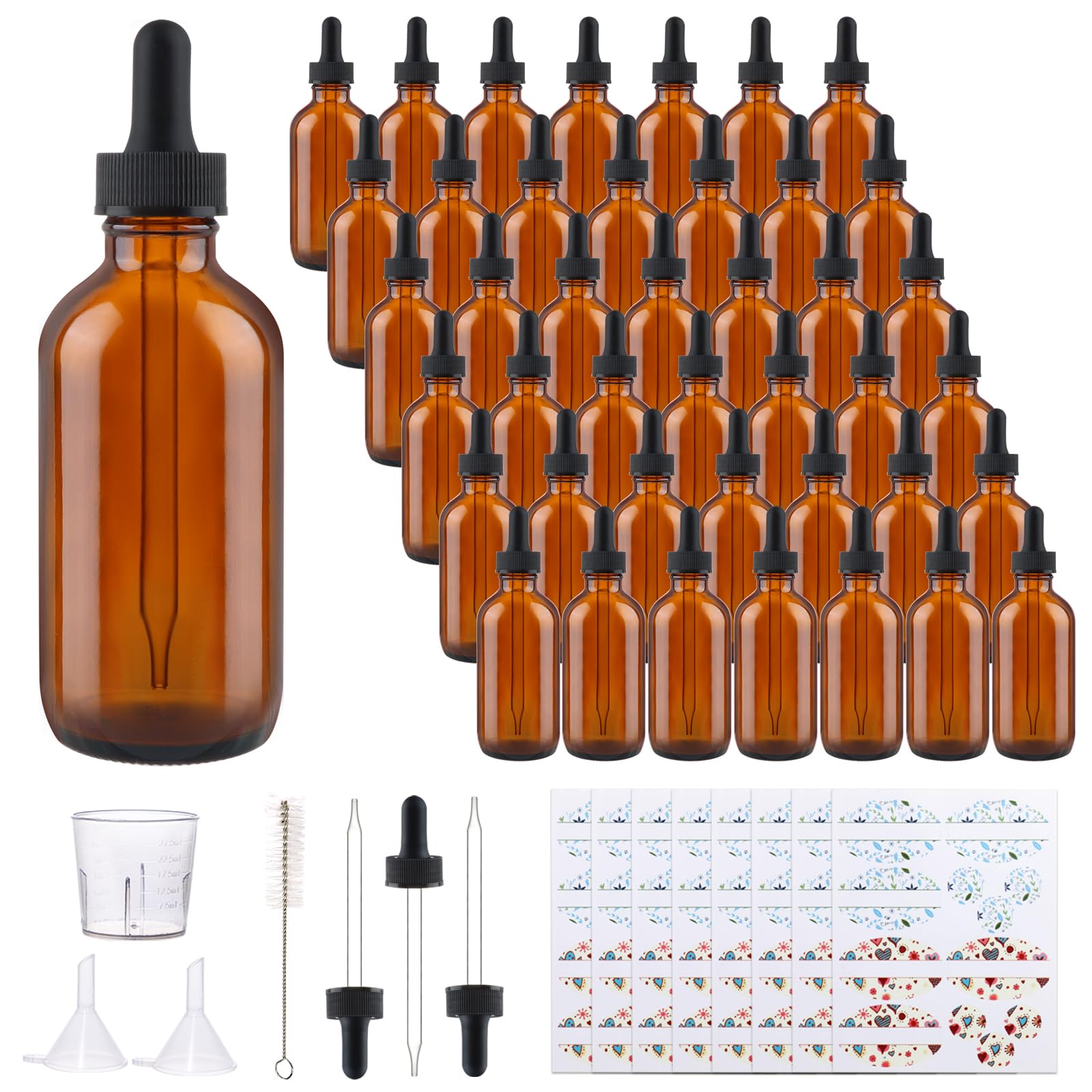 Comrzor 42 Pack 4oz Amber Glass Bottles with Glass Eye Droppers for Essential Oils, Perfumes & Lab Chemicals (Brush, Funnels, 3 Extra Droppers, 48 Pieces Labels & 30ml Measuring Cup Included)