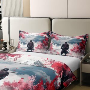 Erosebridal 100% Cotton Japanese-Style Duvet Cover Japanese Samurai Comforter Cover Twin Size Pink Cherry Blossom Bedding Set Mount Fuji Pattern Bed Set Ink Painting Duvet Insert with 1 Pillowcase