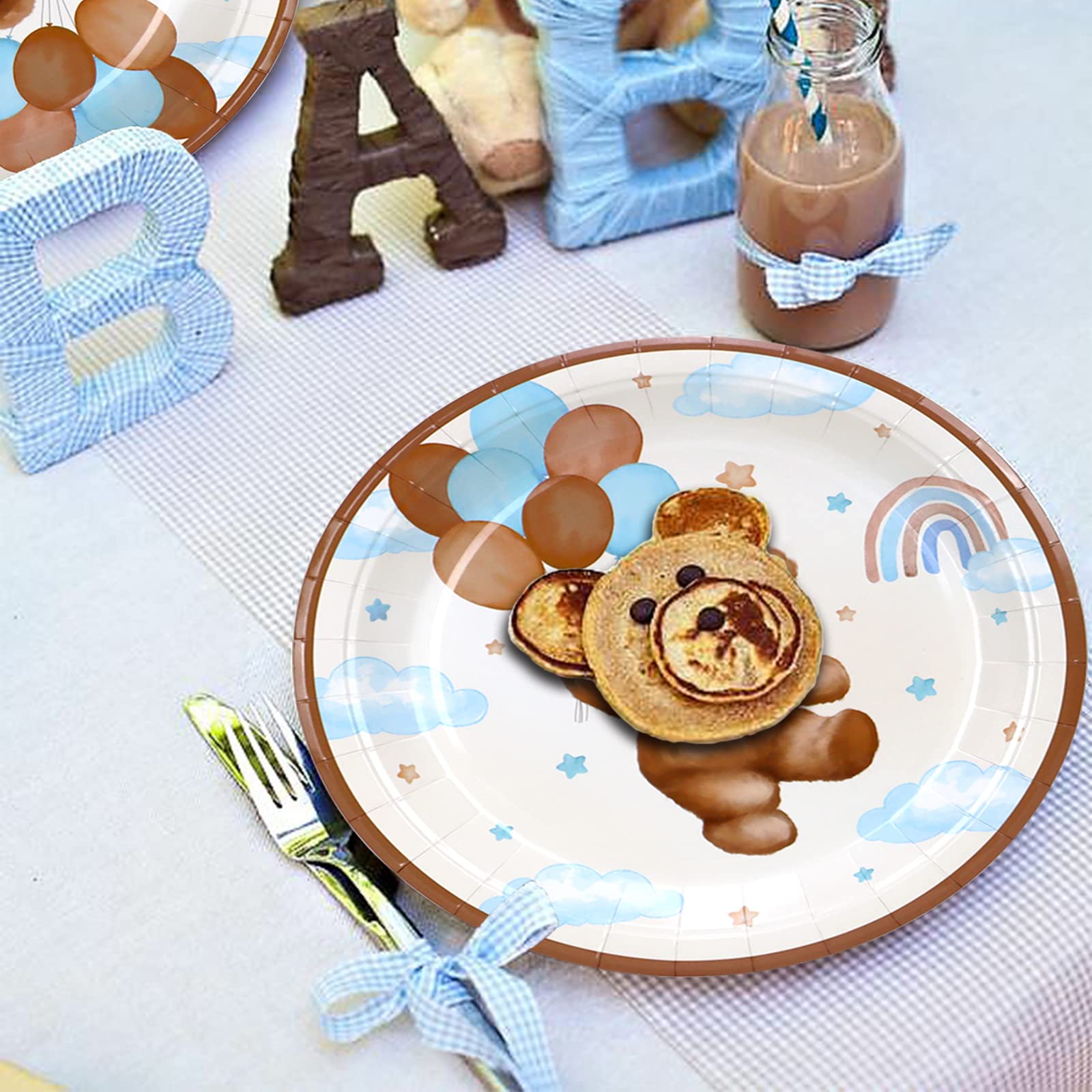 Teddy Bear Baby Shower Decorations Plates Set for 25,Boho Paper Plates Napkins Forks for Boy Brown Blue Tableware Birthday Party Supplies