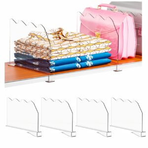 suoxing 4 pack clear acrylic shelf dividers for closet organization,9.3" vertical purse organizer for wood closet separator perfect for sweater, shirts, handbags,bookshelf in bedroom closet dividers