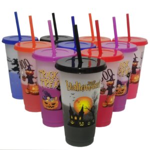 10 pack halloween decorations halloween color changing cups with lids and straws, 24 oz plastic cups, 710ml plastic tumblers bulk, reusable trick or treat candy cups for halloween christmas party