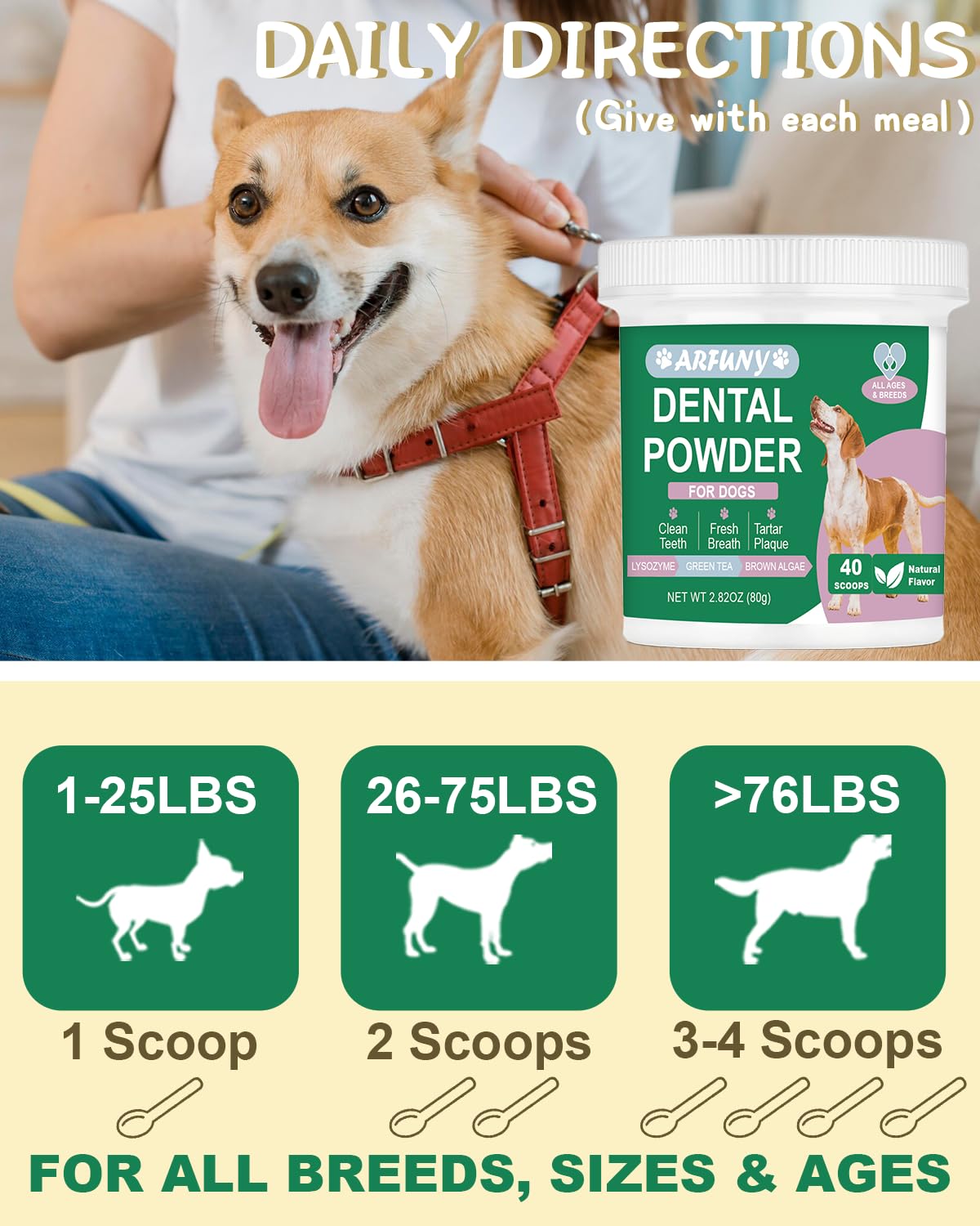 SANTKOL Dog Dental Powder - Dog Teeth Cleaning Powder with Green Tea, Lysozyme, Brown Algae - Dog Dental Care Targets Tartar, Plaque & Bad Breath - Dog Breath Freshener - for All Dogs, 80g