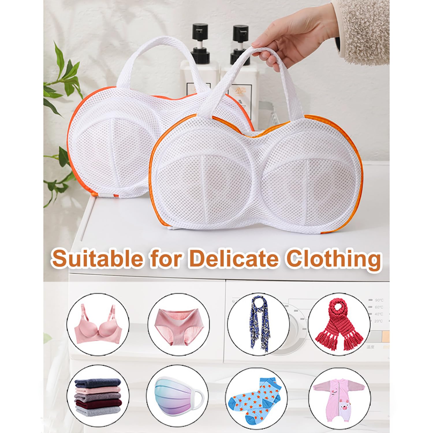 3Pcs Bra Washing Bag for Laundry, Upgraded Large 3D Bracket Mesh Bra Laundry Bags Bra Washer Protector for Laundry Delicates Lingerie Brassiere Wash Bags for Washing Machine (Orange, D to H Cups)