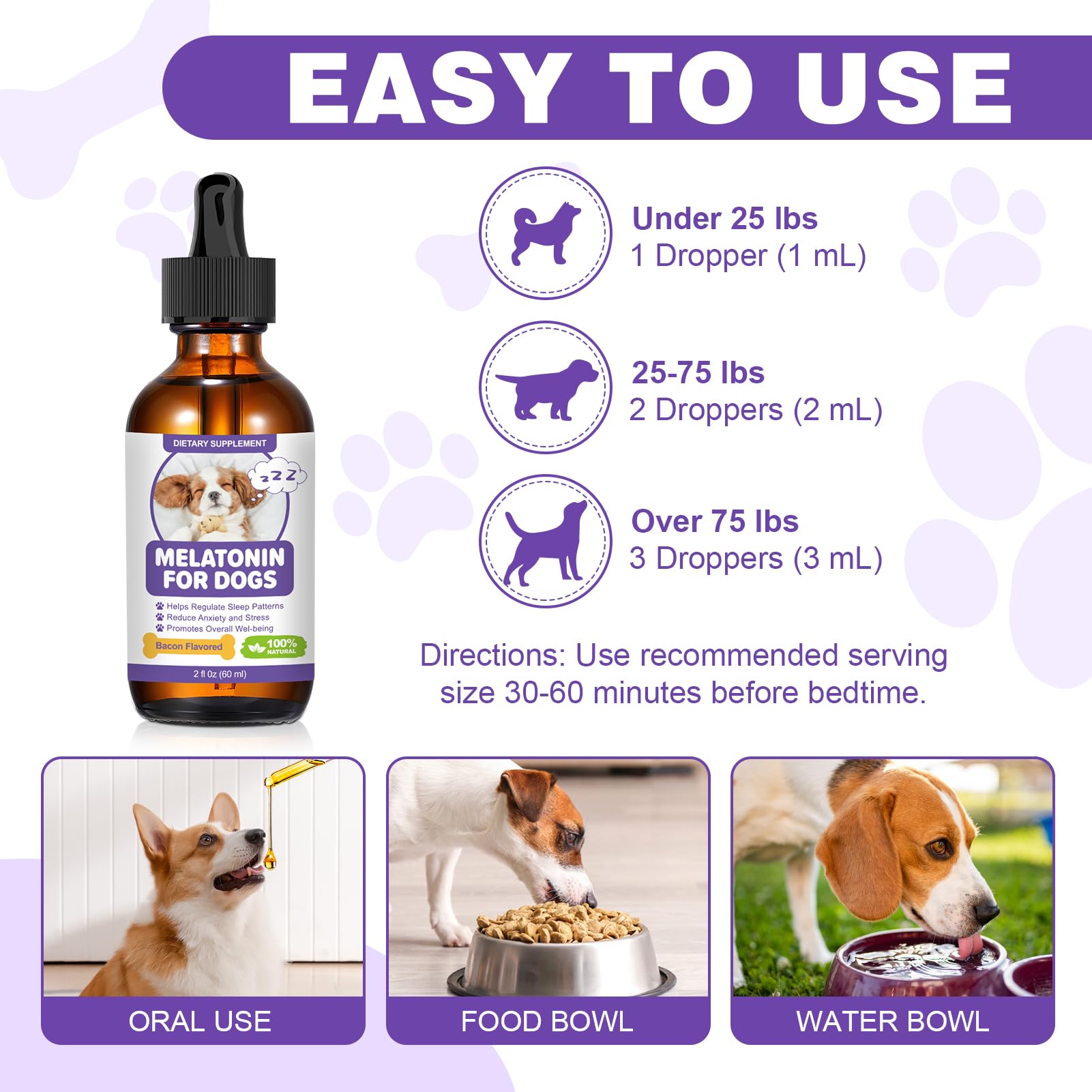 Melatonin for Dogs,Dog Melatonin,Dog Sleep Aid,Liquid Melatonin for Dogs,Calming for Dogs,Melatonin for Dogs Sleep Relieves Anxiety and Stress in Dogs, Helps Calm and Restful Sleep,Bacon Flavor