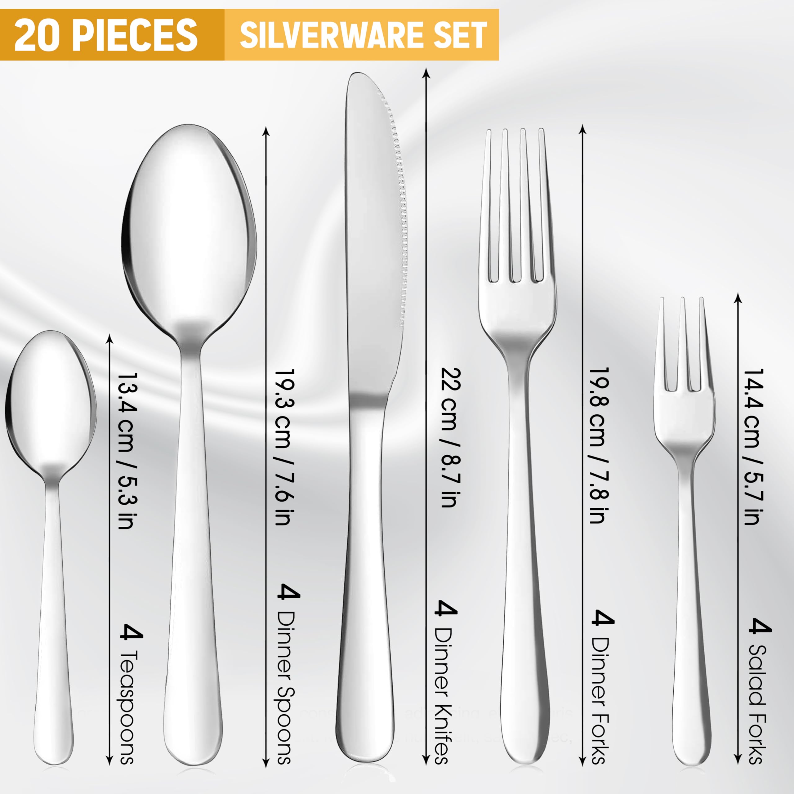 SENADORE Silverware set - Set of 20 - Premium Stainless Steel Dining Table Set for 4 - Mirror Finish and Dishwasher Safe - Cutlery set for Casual and Formal Occasions (Casual Luxury)