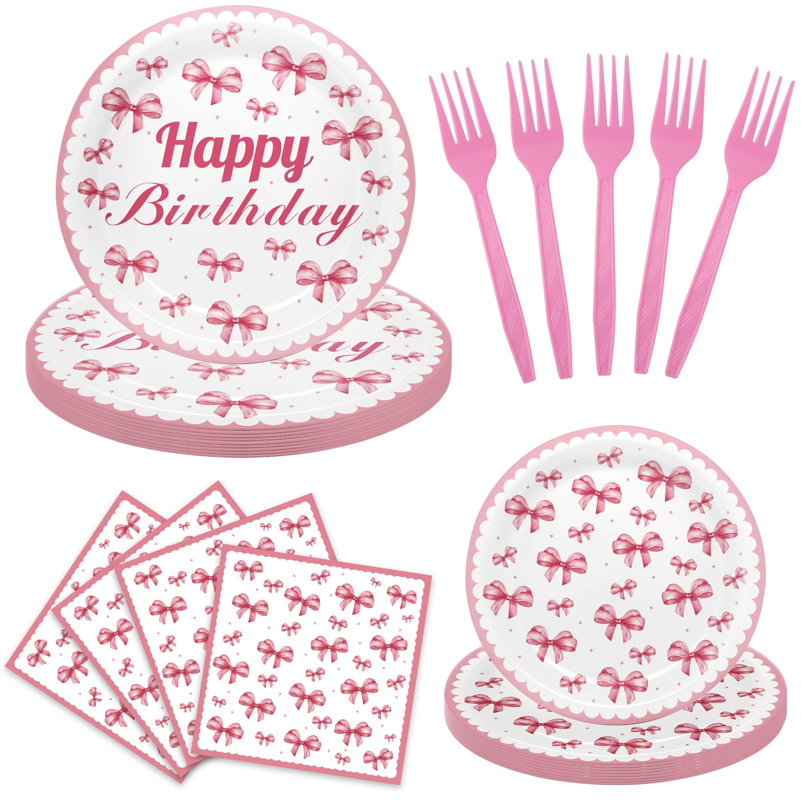 Generic 100pcs Pink Bow Birthday Party Decorations Pink White Bow Bachelorette Plates and Napkins for Girl Coquett Bridal Engagement Baby Shower Dinnerware Party Supplies Serve 25 Guests, LARGE