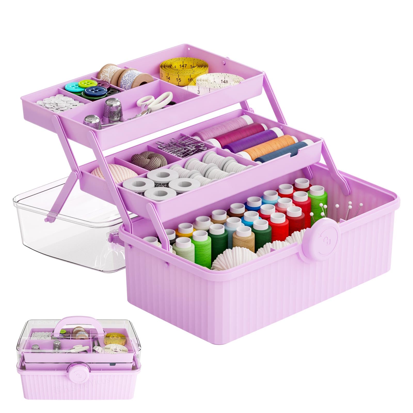 SuoXing 13'' Three-Layer Clear Plastic Storage Box/Tool Box, Multipurpose Organizer and Portable Handled Storage Case for Art Craft and Cosmetic (Purple)