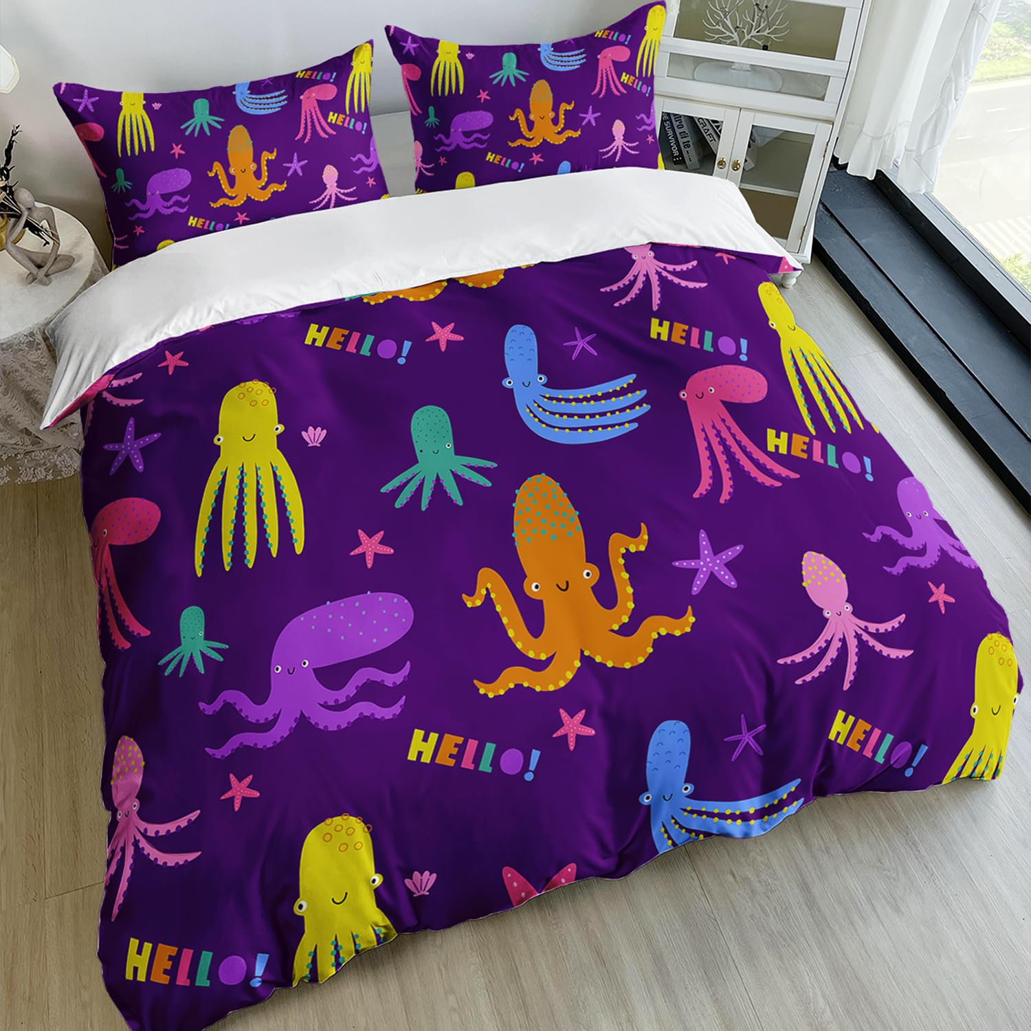 AILONEN Cartoon Octopus Duvet Cover Set Twin Size, Cute Octopus Bedding Set for Kids,Ocean Animal Octopus Comforter Cover Set for All Season,3-Pieces,1 Quilt Cover with 2 Pillowcases,Soft Microfiber