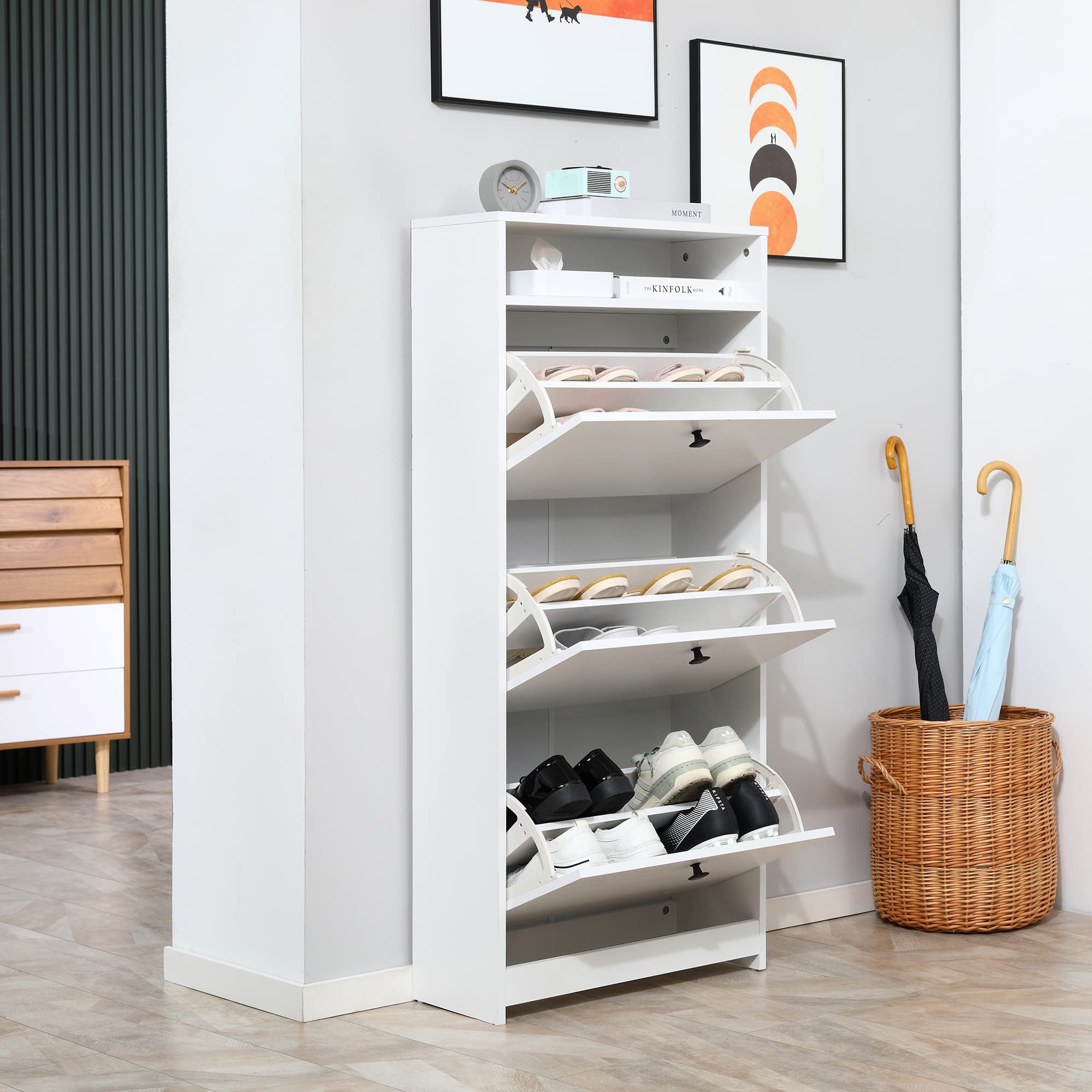 HOMCOM Slim Shoe Cabinet, Trendy Shoe Storage Cabinet with 3 Large Fold-Out Drawers & a Spacious Top Surface for Small Items, White