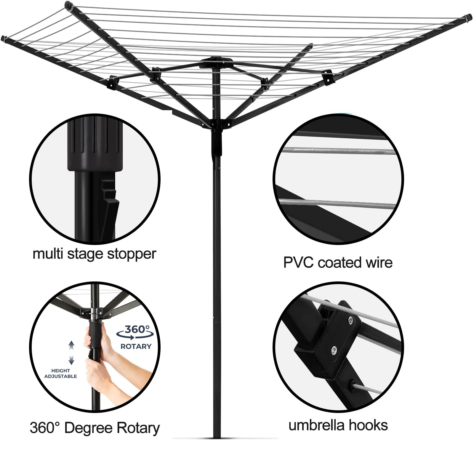 MEILANHUI Umbrella Clothesline Outdoor, Rotary Retractable Clothes Line Outdoors Adjustable Height Drying Rack Clothing 4 Arms 12 Lines with 165 Feet Heavy Duty Outdoor Clothesline for Backyard