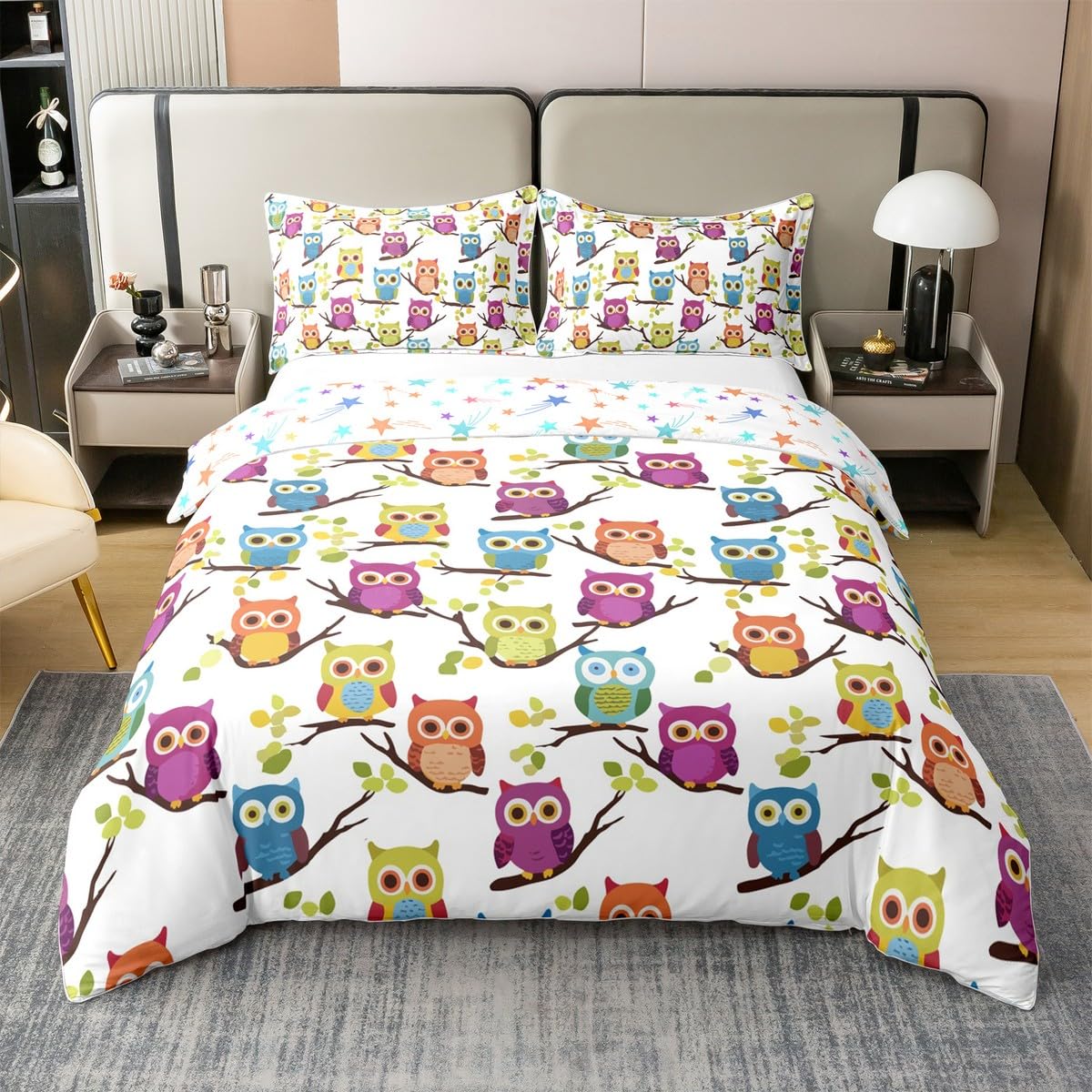 Feelyou Owl Bedding Set Twin 3D Animal Printed Comforter Cover Set for Kids Adults Bird Decor Duvet Cover 100% Cotton Cartoon Owls Design Bedspread Cover Room Decor with 1 Pillow Case, No Comforter