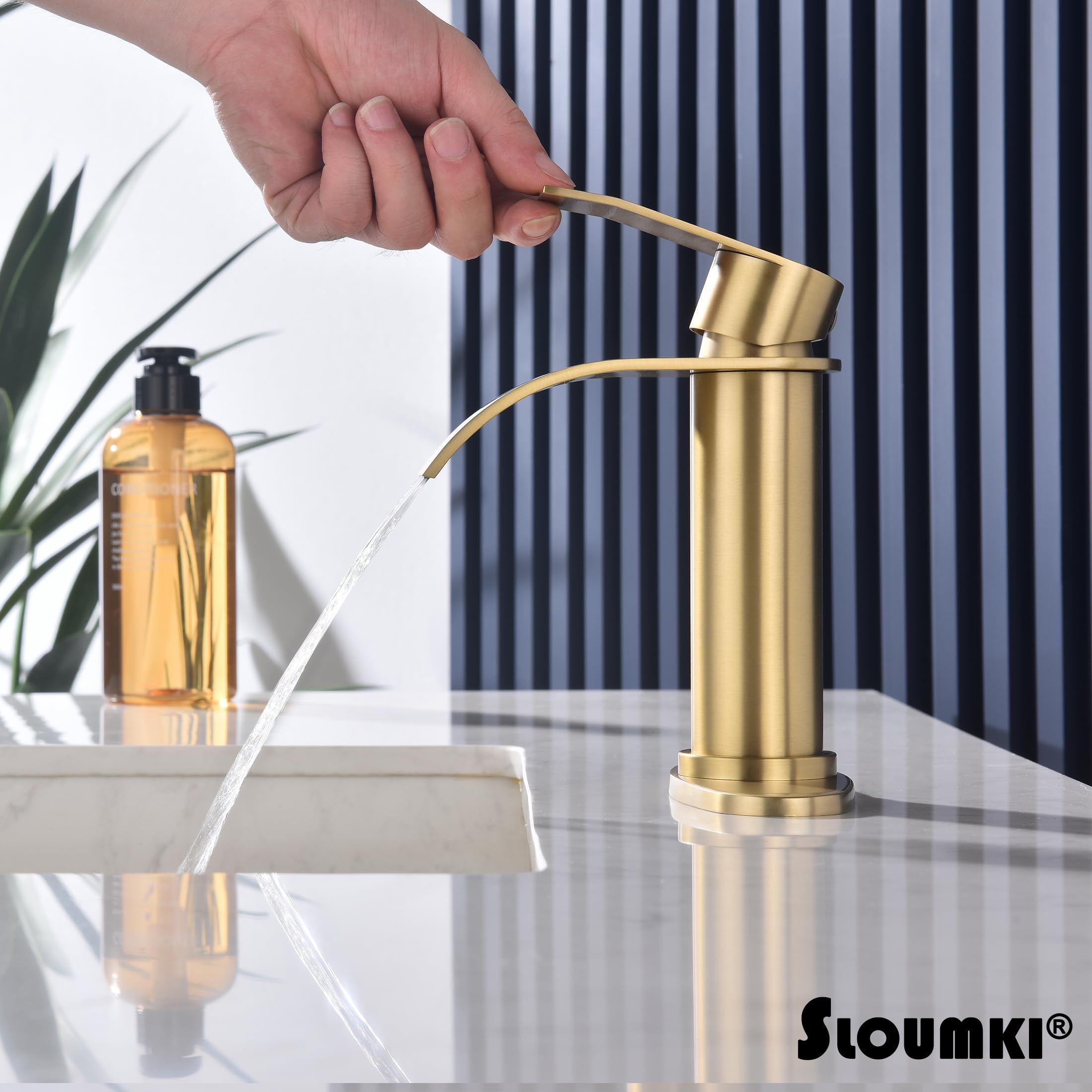 SLOUMKI Brushed Gold Waterfall Bathroom Faucet Single Hole, Gold Bathroom Faucet for Sink 1 Hole with 6 in Deck Plate and Pop Up Drain and Supply Hose, Modern Bathroom Sink Faucet