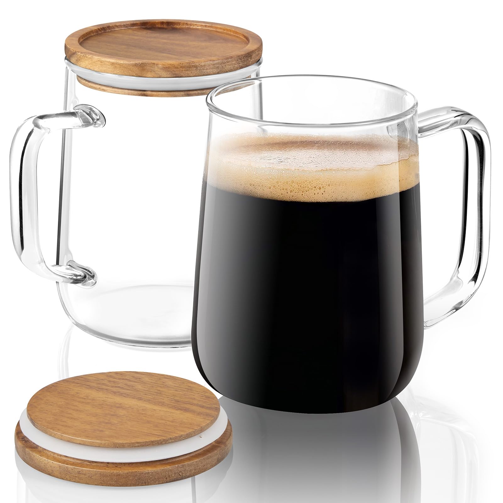 Bivvclaz Glass Coffee Mugs Set of 2, 16 oz Glass Coffee Cups with Acacia Wood Lid, Clear Borosilicate Glass Mugs with Handles for Cappuccino, Tea, Latte, Hot/Cold Beverages, Wine, Americano