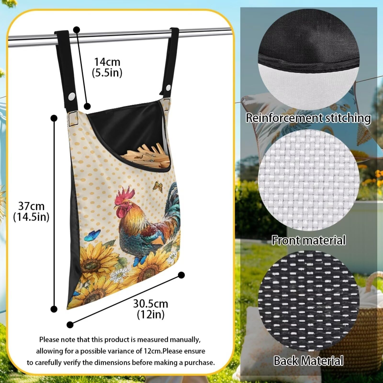 Yzaoxia Rooster Hanging Clothespin Holder Bag Clothes Pin Bag with Hanging Ropes for Laundry Sunflower Space Saving Clothes Pins Storage Bags Butterfly Clothespins Organizer